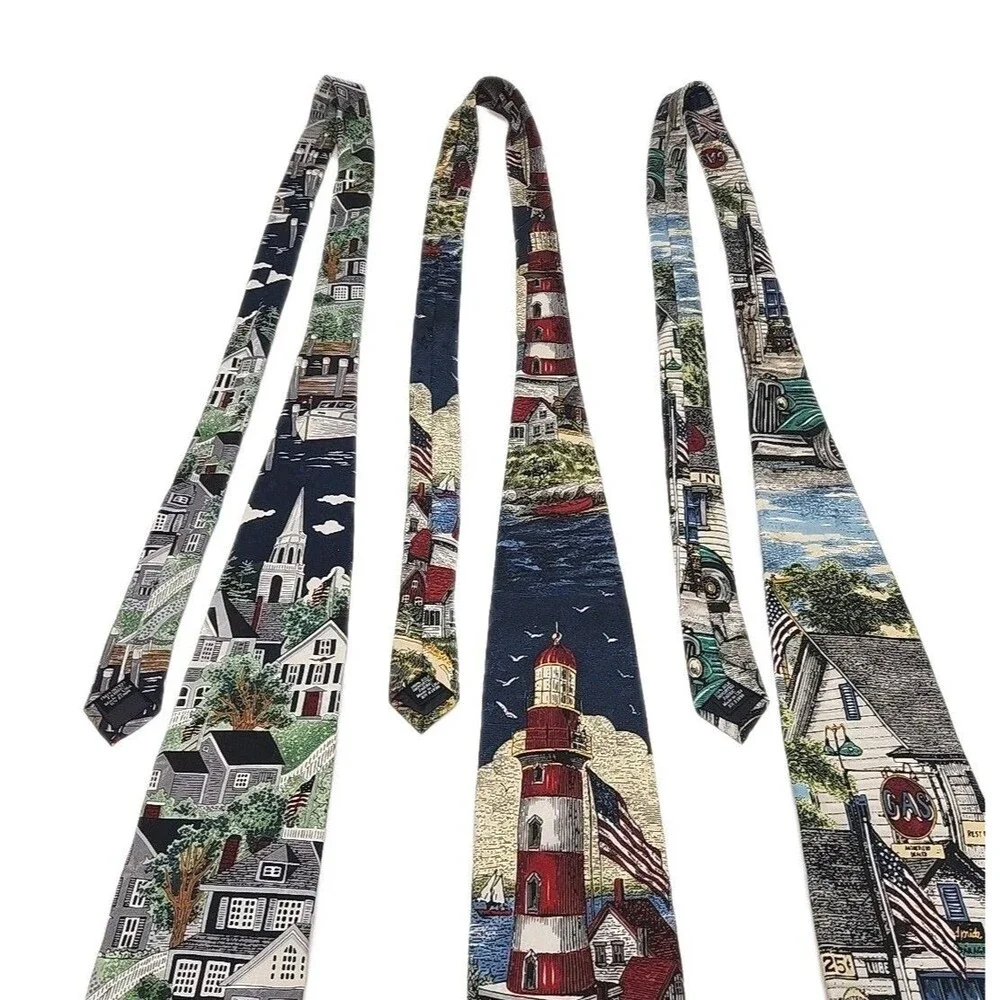 Van Heusen Silk Tie Lot of 3 Casual Americana Filling Station Lighting Village